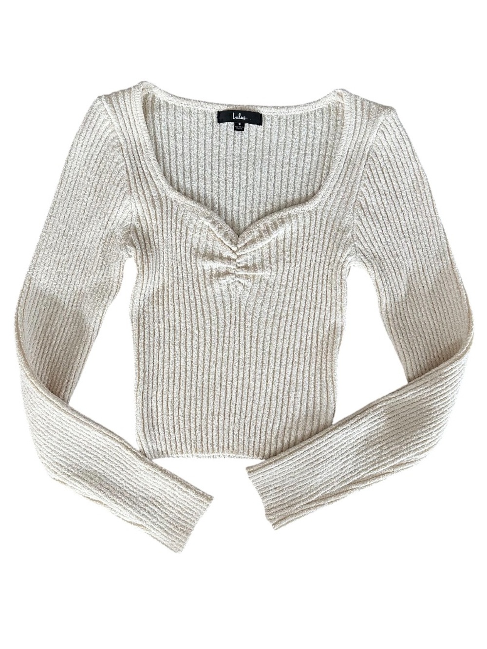 Lulu's Cream Ribbed Sweetheart V-Neck Long Sleeve Top